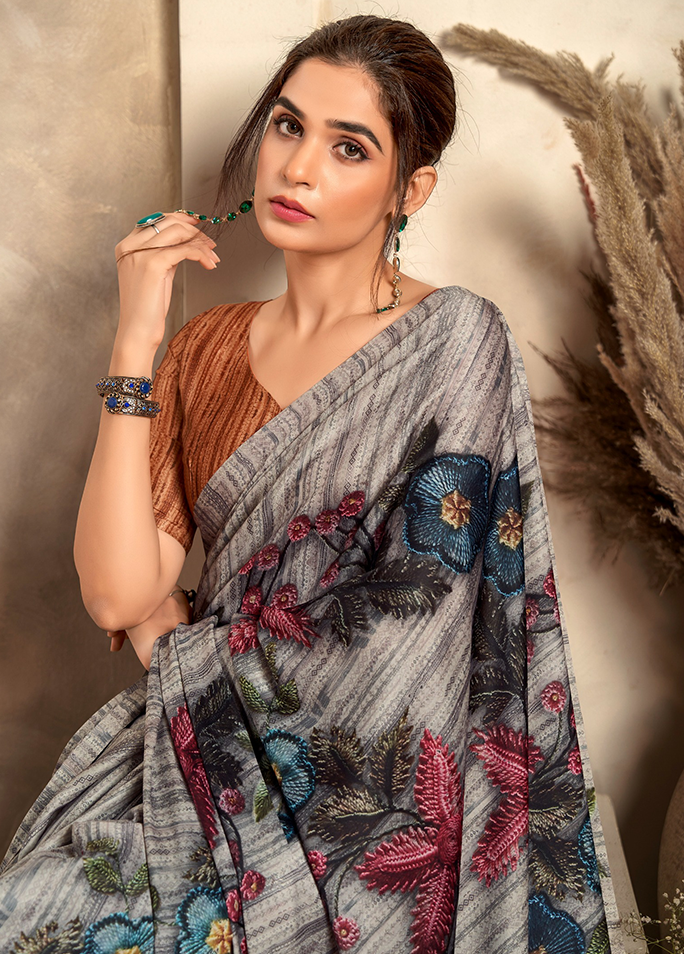 Fancy Print,Crape Silk Saree (Silver Grey)