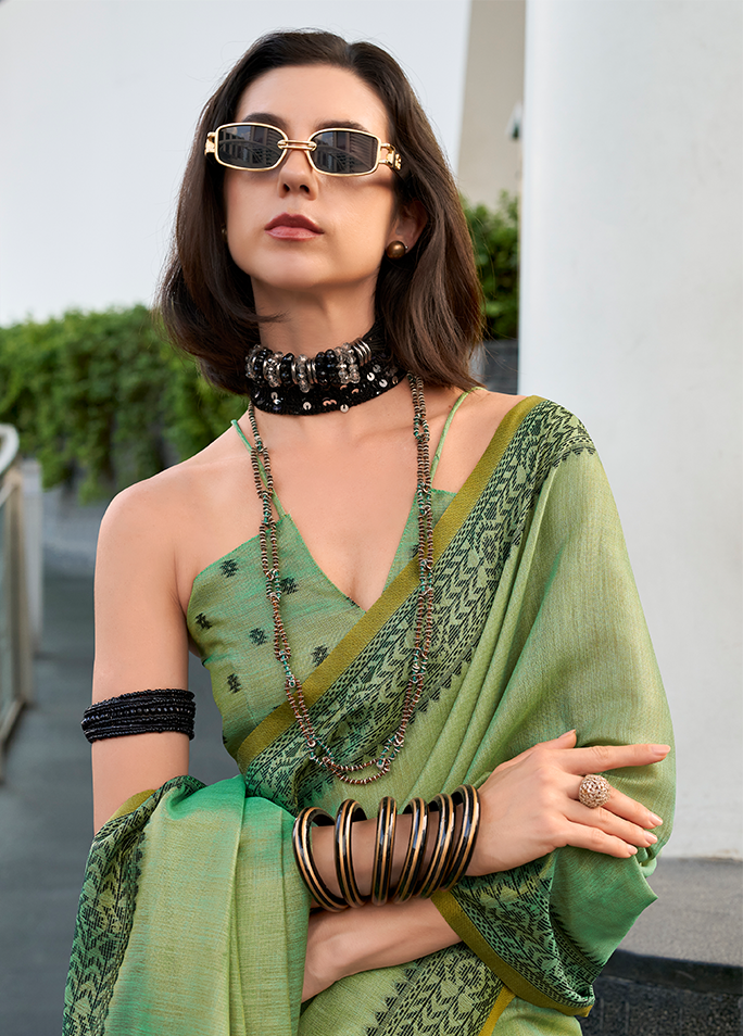 Linen Tissue, Gala Border Saree (Olive Green)