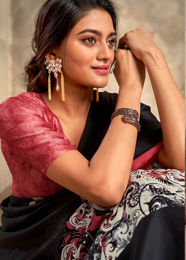 Fancy Print,Crape Silk Saree (Black)