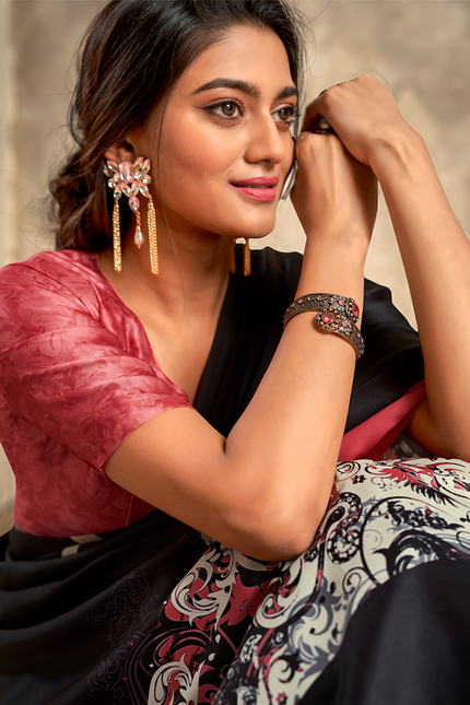 Fancy Print,Crape Silk Saree (Black)