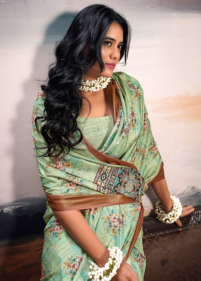 Pure Cotton Silk,Digital Print Organza Saree (Green)