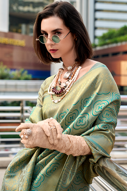 Kanjivaram style, sattin crape silk Saree (Green)