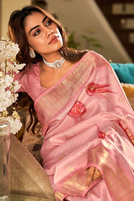 Digital Print, Soft silk Weaving Pallu Saree (Pink)