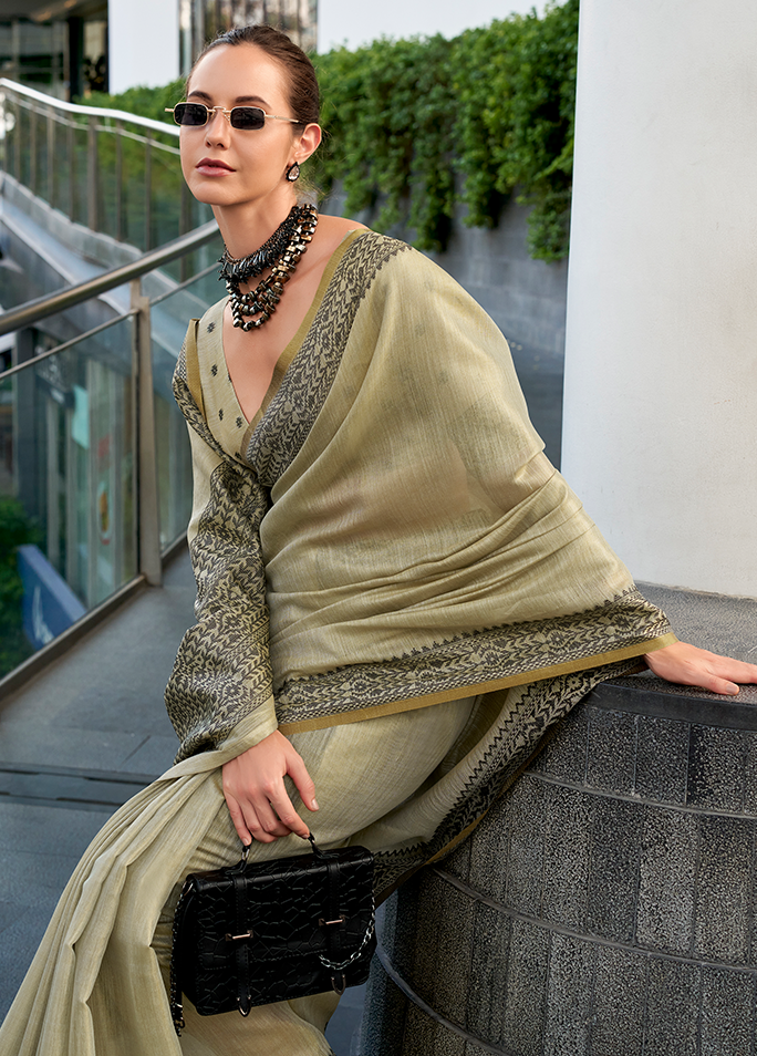 Linen Tissue, Gala Border Saree (Gin Green)