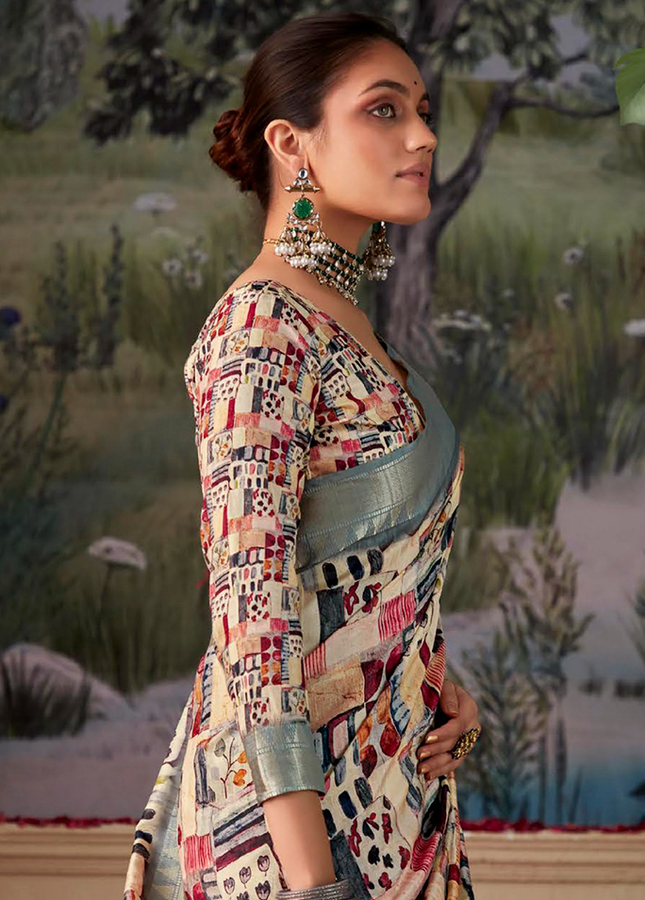 Geometric Print,Digital Saree (Cream & Slate)