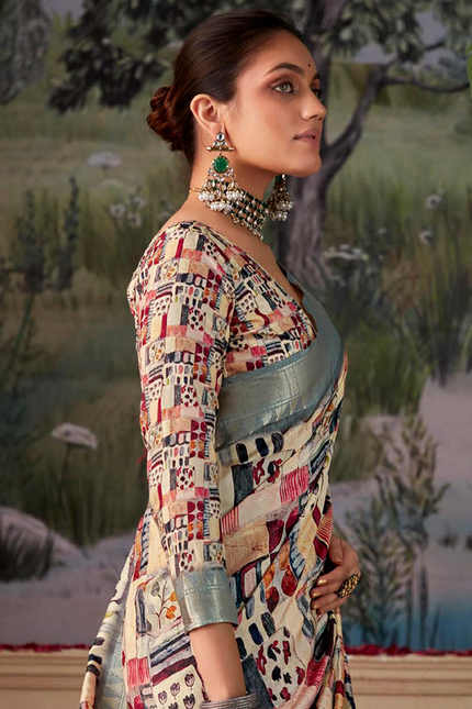 Geometric Print,Digital Saree (Cream & Slate)