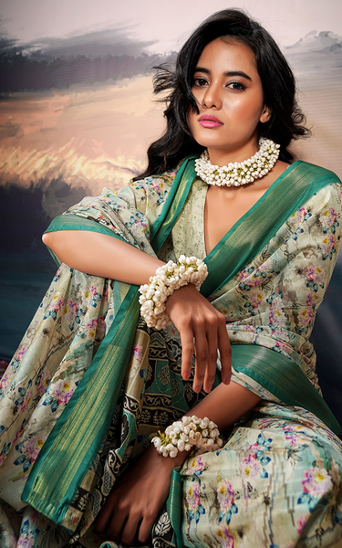 Pure Cotton Silk,Digital Print Organza Saree (Green)
