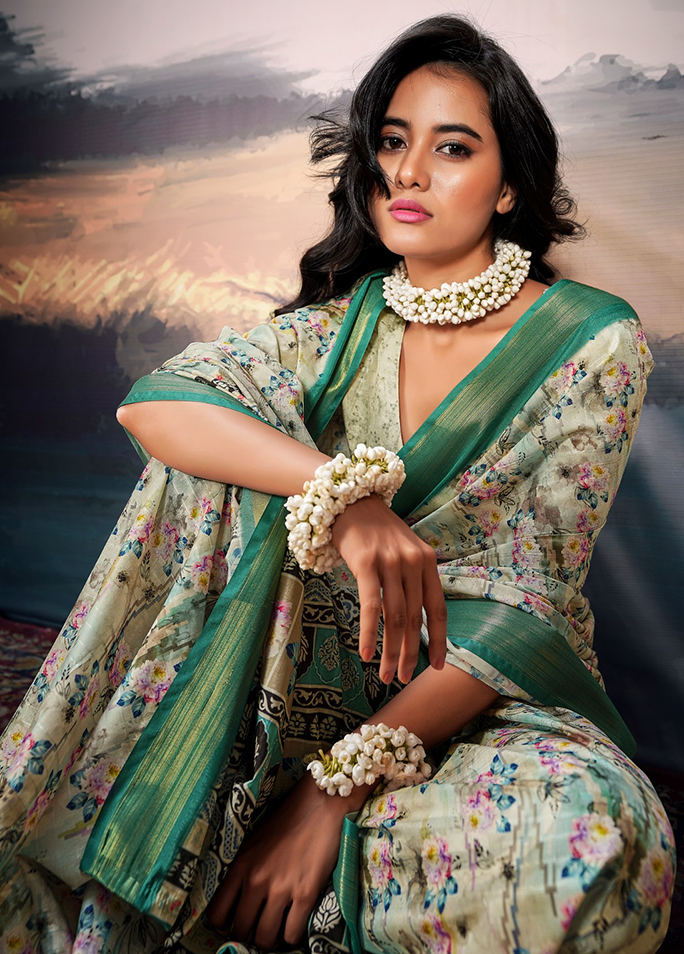 Pure Cotton Silk,Digital Print Organza Saree (Green)
