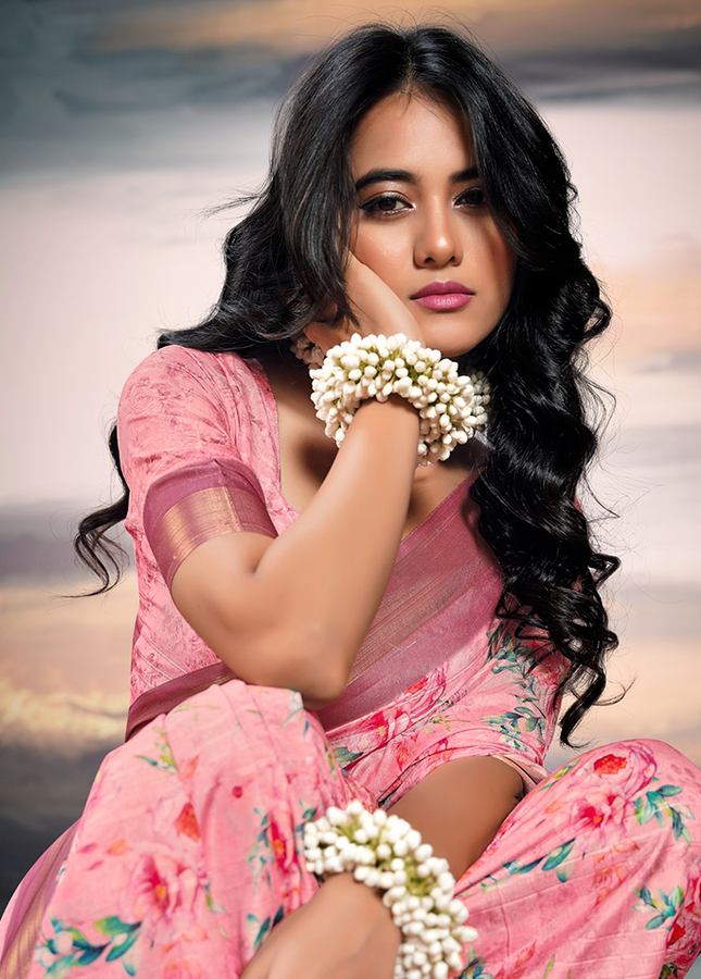 Pure Cotton Silk,Digital Print Organza Saree (Pink)