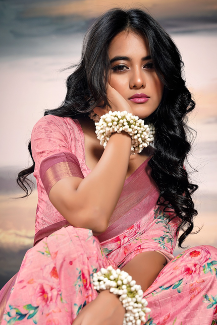 Pure Cotton Silk,Digital Print Organza Saree (Pink)