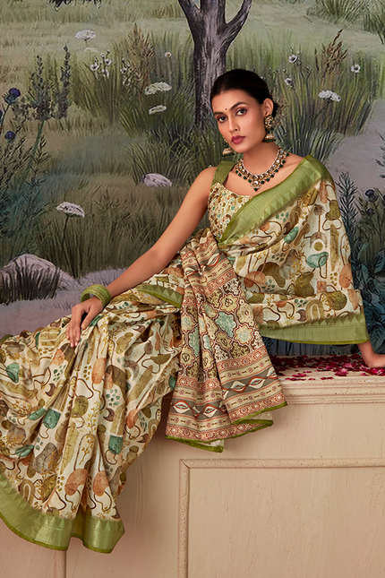 Geometric Print,Digital Saree (Green)