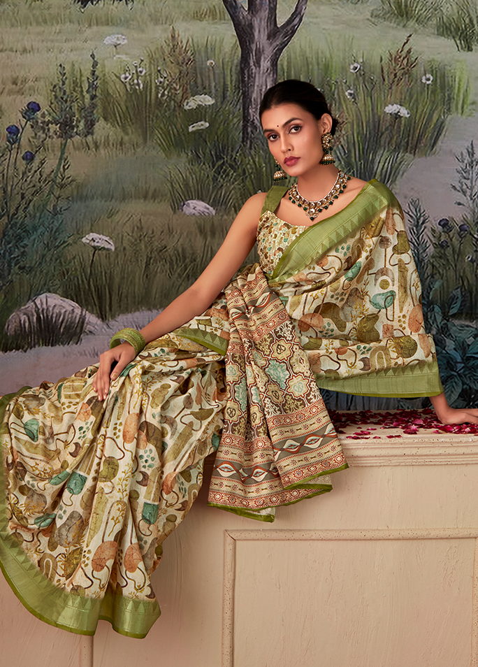 Geometric Digital Print Saree (Olive Green)