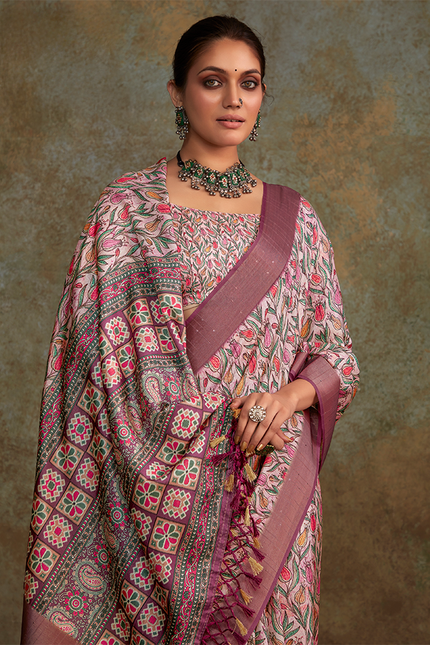 Handloom with All Over Print, Sequence Weaving Saree (Pink)