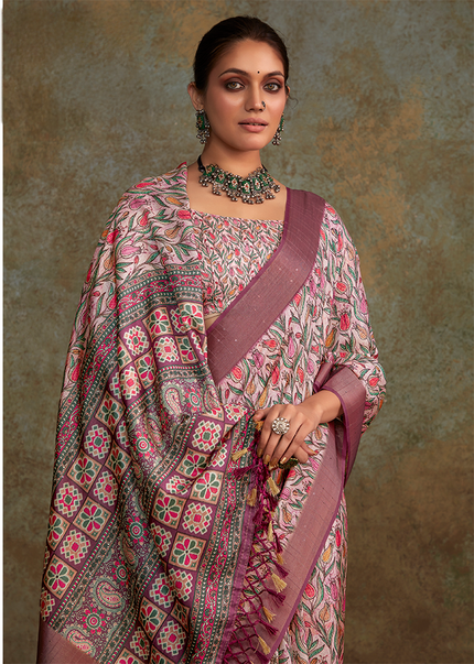 Handloom with All Over Print, Sequence Weaving Saree (Pink)