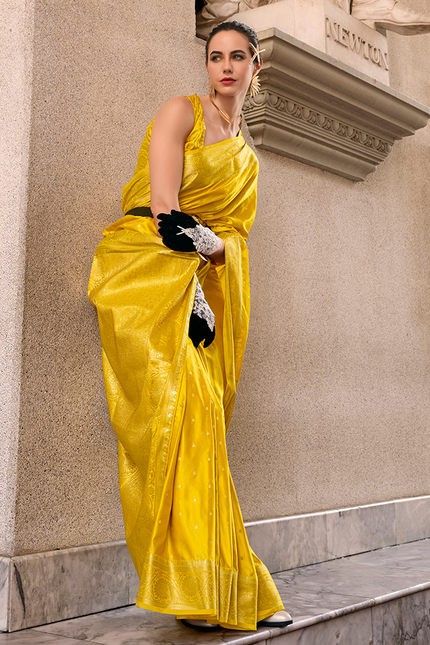 Weaving,Rich Pallu,Satin Mugha Silk Saree(Yellow)