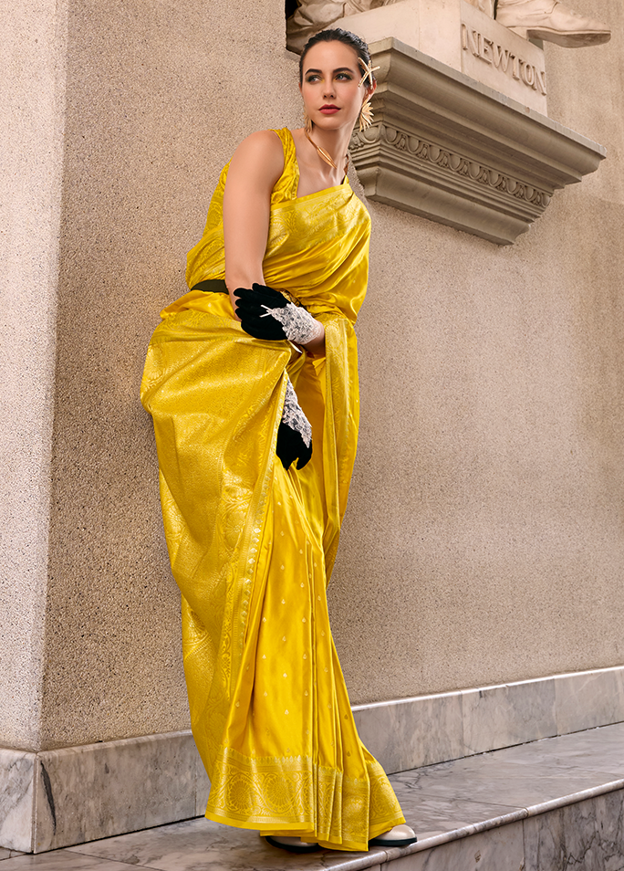 Weaving,Rich Pallu,Satin Mungha Silk Saree (Yellow)