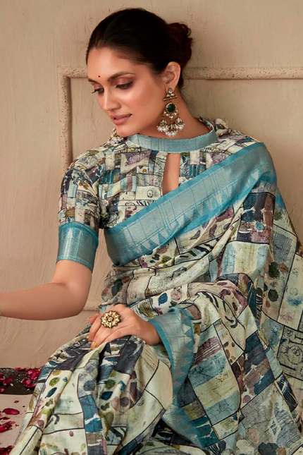 Geometric Print,Digital Saree (Sky Blue)