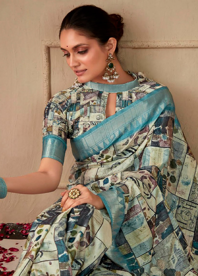 Geometric Digital Print Saree (Sky Blue)