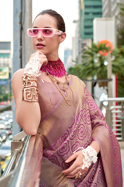 Kanjivaram style, sattin crape silk Saree (Purple)