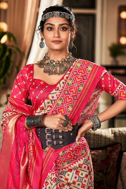 Bandhan Patola,Handloom Silk Saree (Cream & Red)