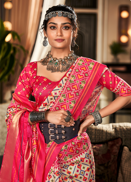 Bandhan Patola,Handloom Silk Saree (Cream & Red)