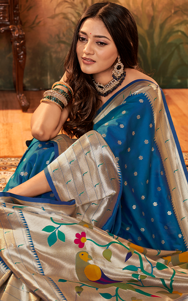 Pure Paithani Silk,Weaving Saree (Blue)