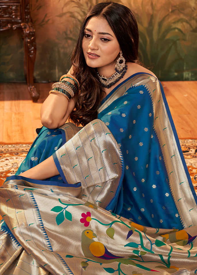 Pure Paithani Silk,Weaving Saree (Blue)