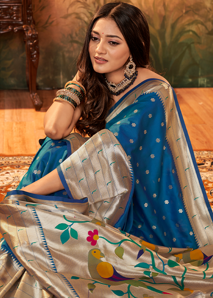 Pure Paithani Silk,Weaving Saree (Blue)