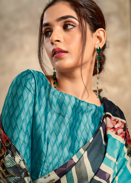 Fancy Print,Crape Silk Saree (Sky Blue)