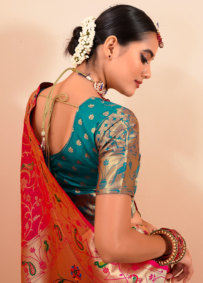 Paithani Silk Saree With Contrast Blouse (Red)