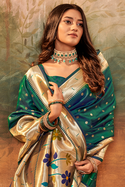 Pure Paithani Silk,Weaving Saree (Green)