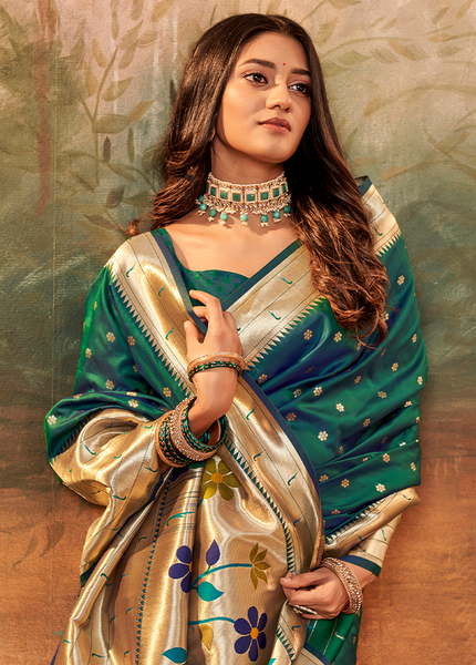 Pure Paithani Silk,Weaving Saree (Green)