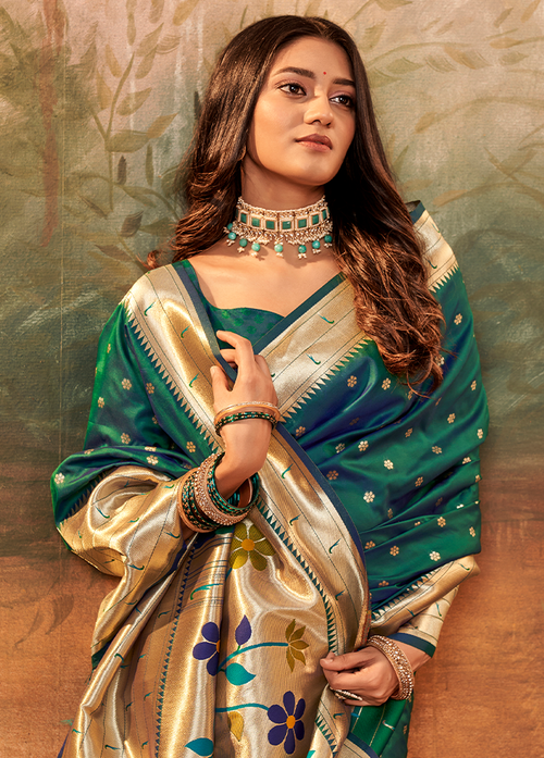 Pure Paithani Silk,Weaving Saree (Green)