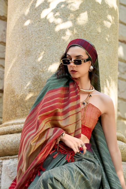 Handloom Katan Saree (Olive Green)