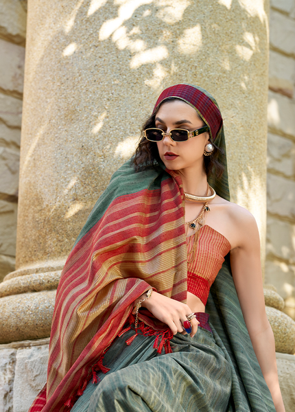 Handloom Katan Saree (Olive Green)