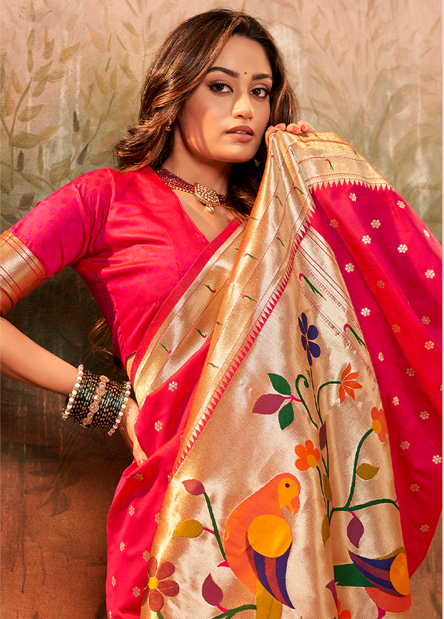 Pure Paithani Silk,Weaving Saree (Pink)