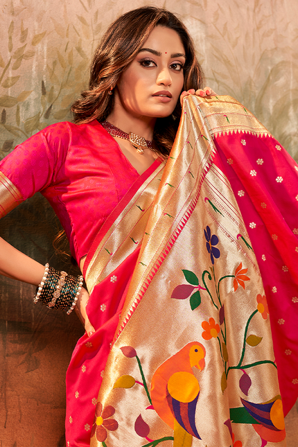 Pure Paithani Silk,Weaving Saree (Pink)