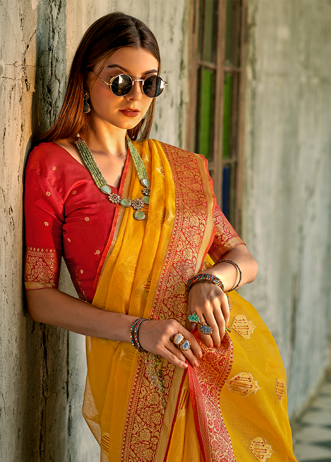 Weaving,Rich Pallu,Tissue Silk Saree (Yellow)