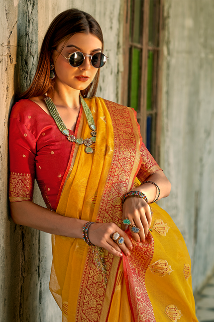 Weaving,Rich Pallu,Tissue Silk Saree (Yellow)