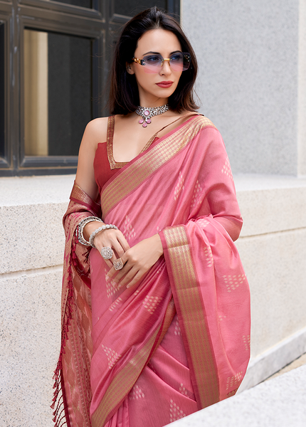 Ikkat Weaving, Reyon silk Contrast pallu Saree (Pink)
