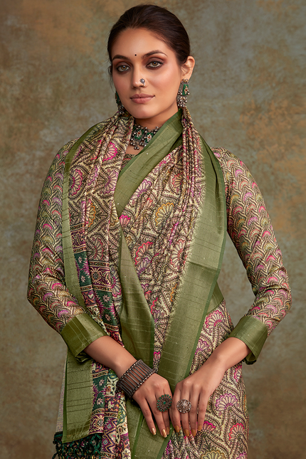 Handloom with All Over Print, Sequence Weaving Saree (Green)