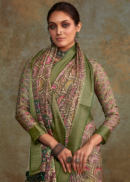 Handloom with All Over Print, Sequence Weaving Saree (Green)