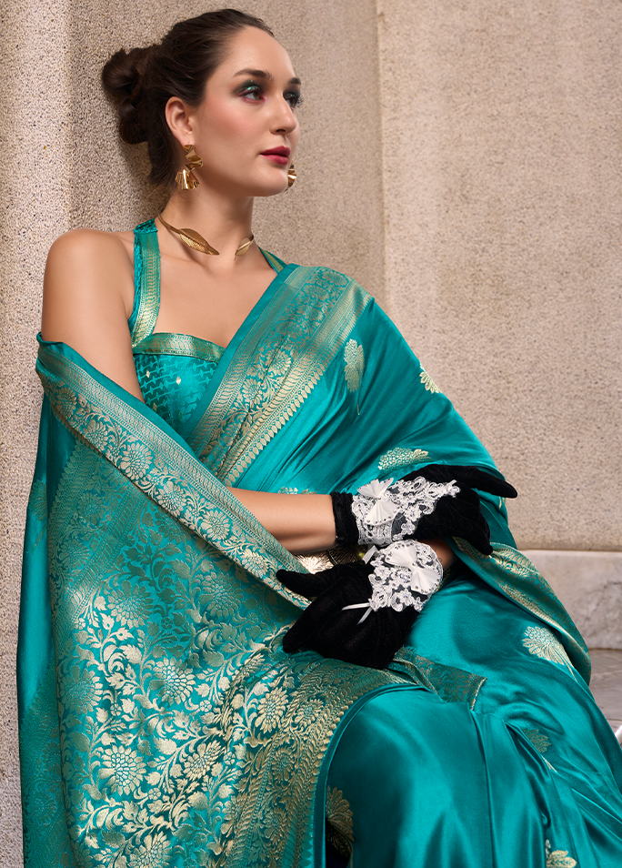 Weaving,Rich Pallu,Satin Mungha Silk Saree (Sky Blue)