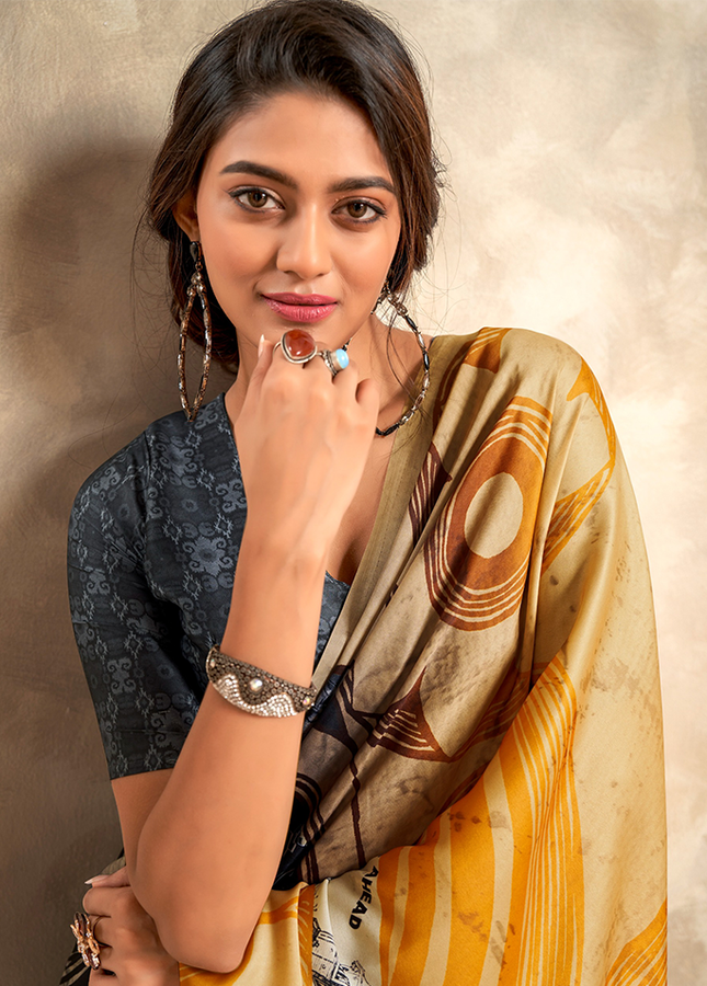 Fancy Print,Crape Silk Saree (Yellow)