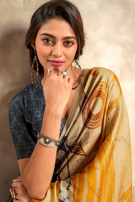 Fancy Print,Crape Silk Saree (Yellow)