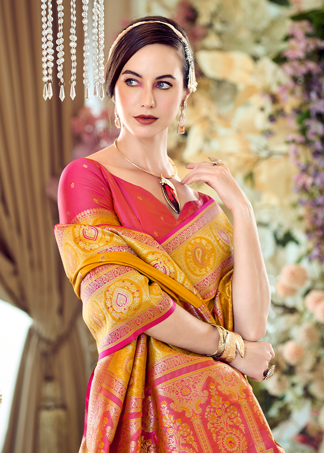 Minakari Paithani,Pure Soft Banarasi Silk Saree (Yellow)