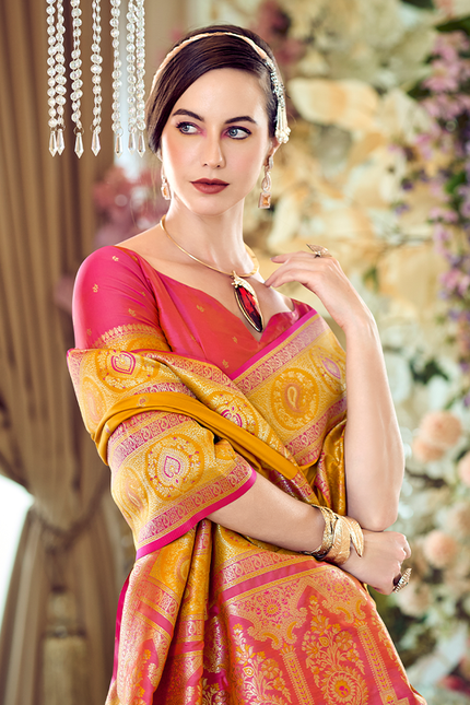 Minakari Paithani,Pure Soft Banarasi Silk Saree (Yellow)
