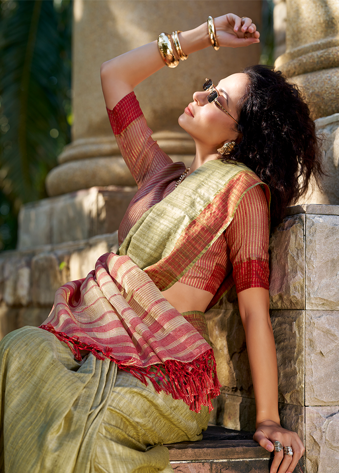 Handloom Katan Saree (Olive Green)