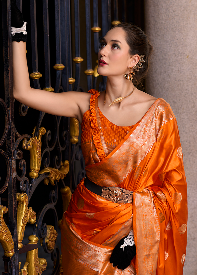 Weaving,Rich Pallu,Satin Mugha Silk Saree(Orange)