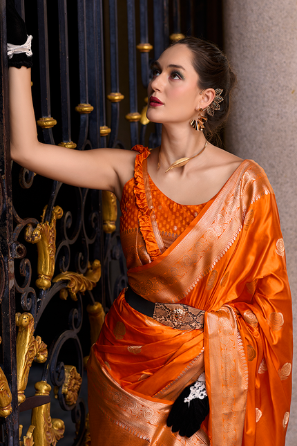 Weaving,Rich Pallu,Satin Mugha Silk Saree(Orange)